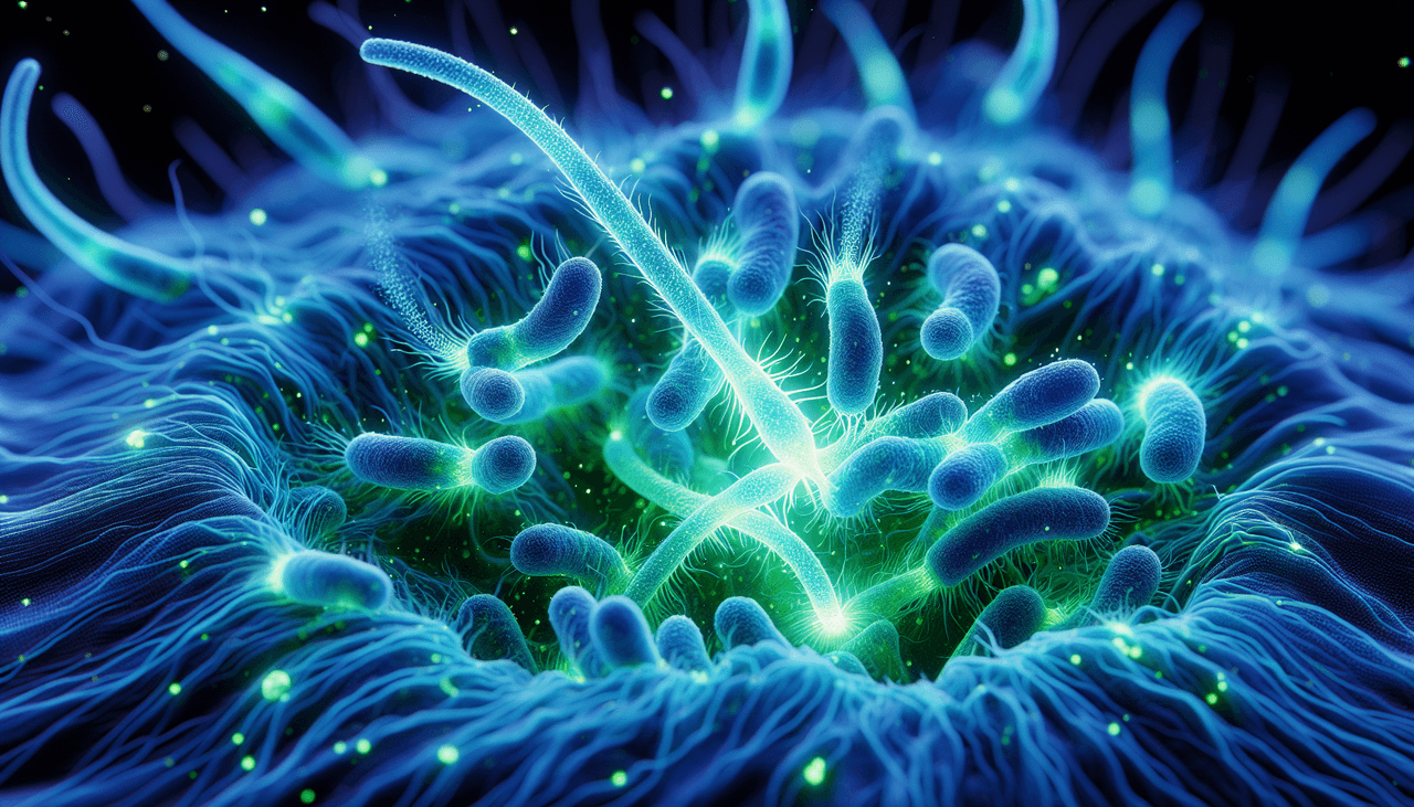 microscopic view of bioluminescent organisms reacting and emitting blue-green light