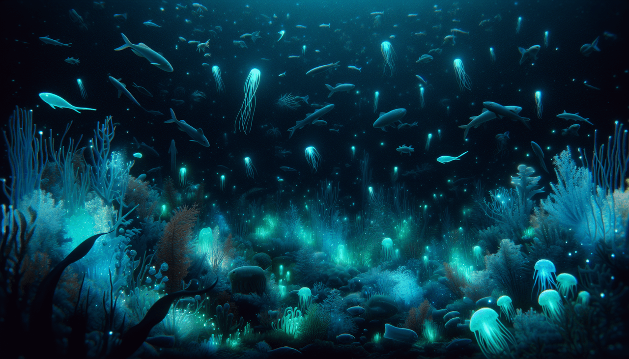 an ocean ecosystem with various marine life, highlighting the role of bioluminescent organisms