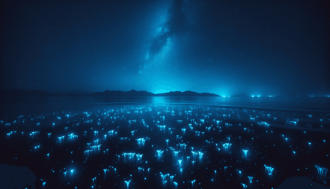 a serene sea at night with bioluminescent organisms glowing, depicting Noctiluca scintillans