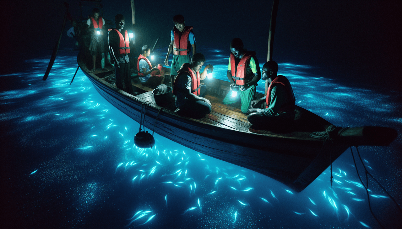 fishermen on a boat at night, using bioluminescent light to locate fish