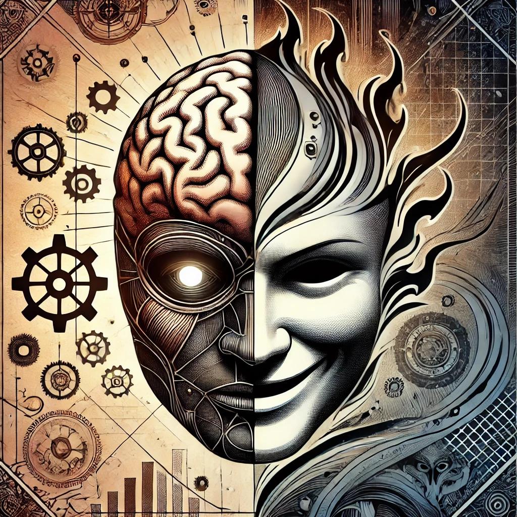 DALL·E 2025-01-24 22.52.25 - An artistic representation of the concept 'cerbeze,' showcasing a dual-sided figure. One side represents sharp intelligence and problem-solving, with .webp