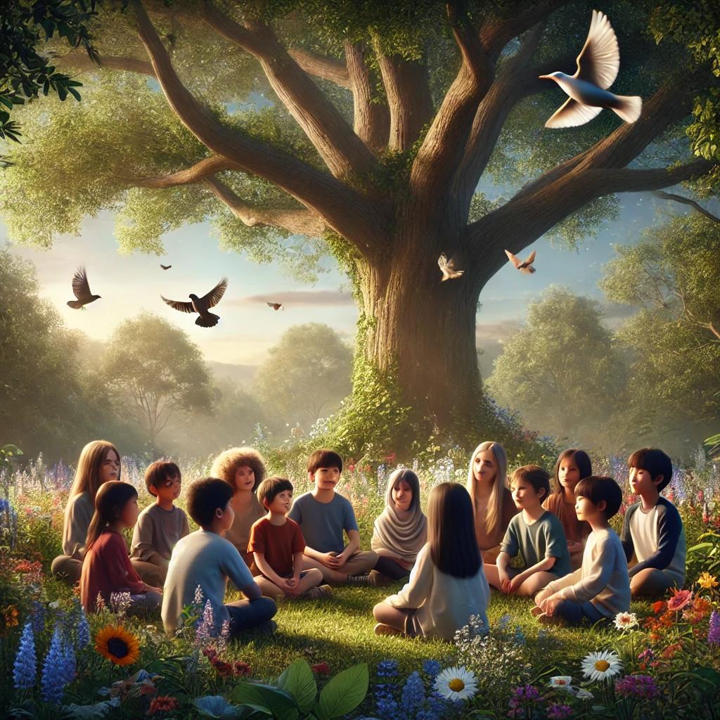 DALL·E 2025-01-27 14.36.39 - A realistic scene depicting a peaceful, diverse group of children sitting under a large tree in nature. They are having a calm conversation, sharing t.webp