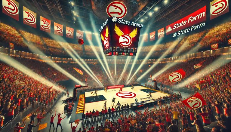 DALL·E 2025-01-28 22.34.34 - A vibrant and electrifying depiction of an Atlanta Hawks basketball game at the State Farm Arena. The scene showcases players in action on the court, .webp