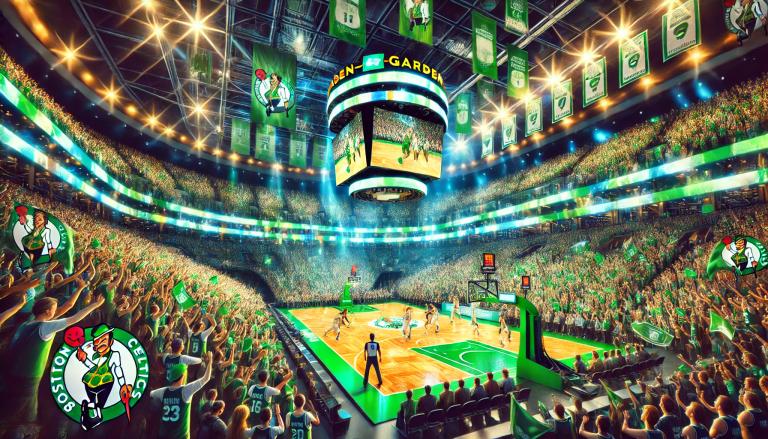 DALL·E 2025-01-30 11.13.07 - A vibrant and electrifying depiction of a Boston Celtics basketball game at TD Garden. The scene showcases players in action on the court, performing .webp