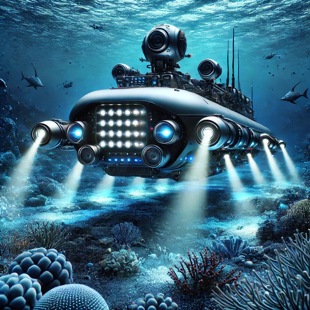 DALL·E 2025-02-08 18.05.09 - A futuristic unmanned underwater vehicle (UUV) exploring the deep ocean. The vehicle is sleek and hydrodynamic, equipped with multiple cameras, sensor.webp