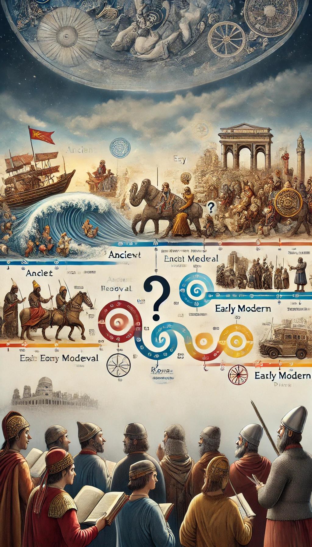 DALL·E 2025-02-11 15.15.45 - A historical timeline illustrating the challenges of periodization in history. The image features a timeline with blurred transitions between differen.webp