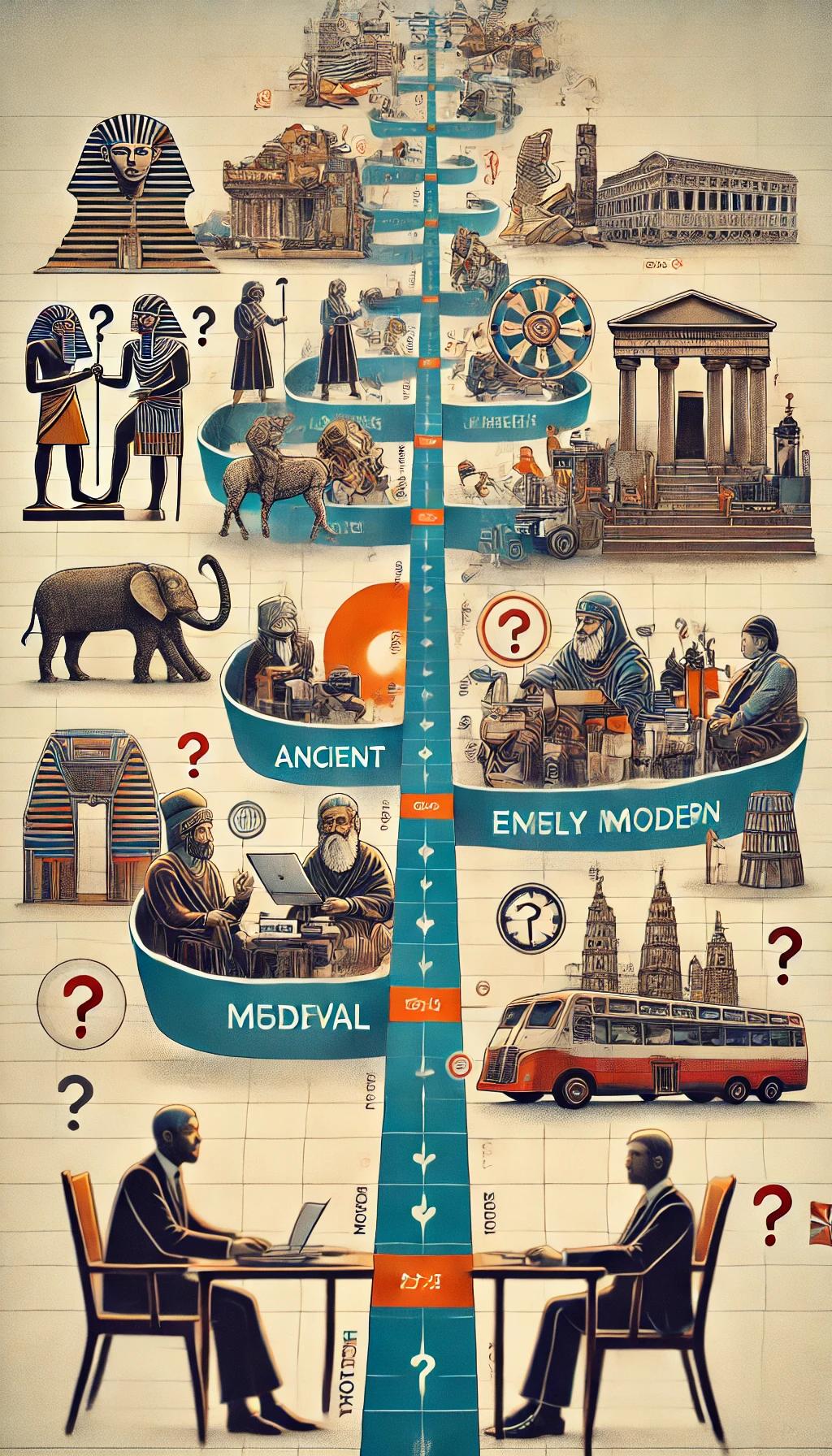 DALL·E 2025-02-11 15.15.42 - A historical timeline illustrating the challenges of periodization in history. The image features a timeline with blurred transitions between differen.webp