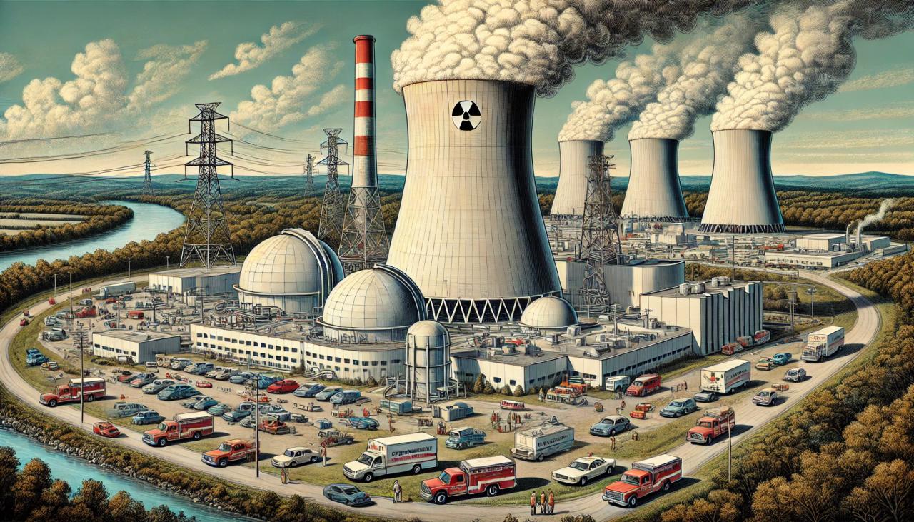 DALL·E 2025-03-13 17.26.38 - A detailed illustration depicting the Three Mile Island nuclear accident in 1979. Show the nuclear power plant located near Harrisburg, Pennsylvania, .webp