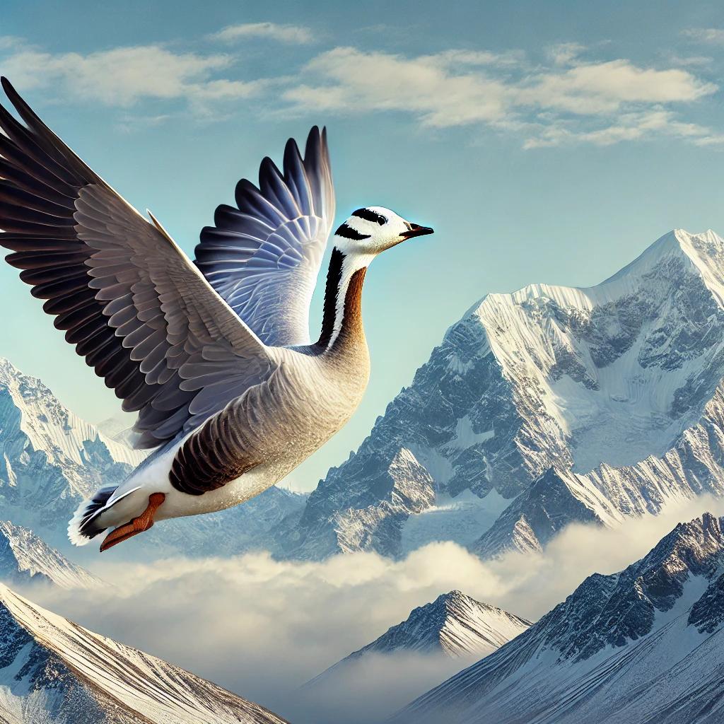 DALL·E 2025-03-19 16.11.43 - A Bar-headed Goose (Anser indicus) flying high above the Himalayan mountains. The bird has a light gray body, black and white head markings, and stron.webp
