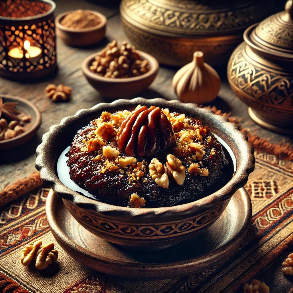 DALL·E-2024-10-23-18.45.01-A-visual-representation-of-harire-a-traditional-Mardin-dessert-made-from-grape-molasses-served-in-a-rustic-bowl.-The-dish-is-thick-dark-and-glos.webp