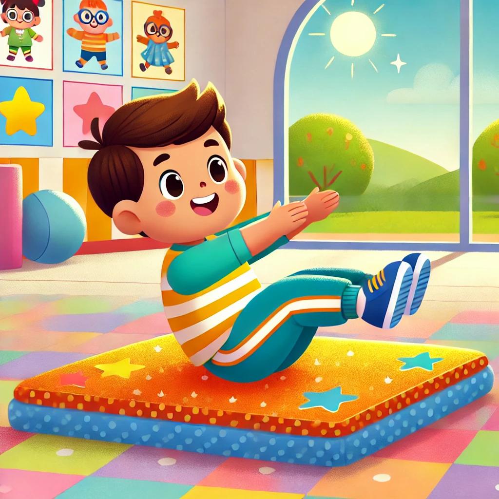 DALL·E 2025-07-31 16.01.43 - An animated-style illustration of a child doing sit-ups on a soft exercise mat in a fun, child-friendly environment. The child is smiling, wearing col.webp