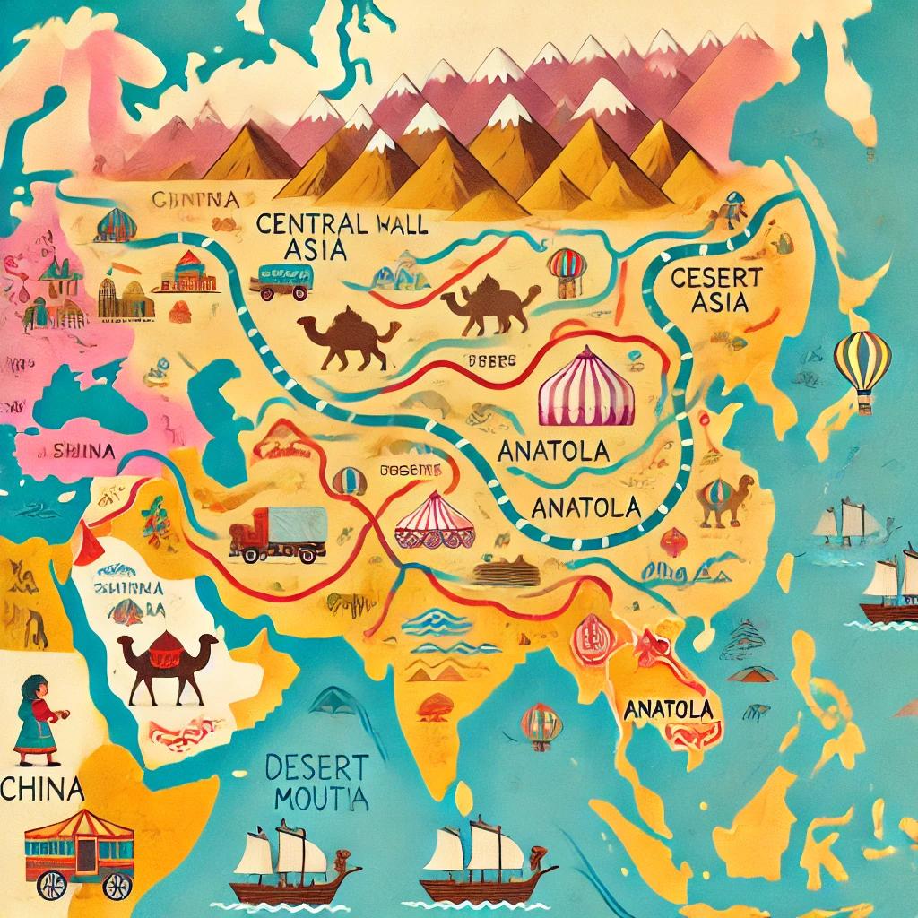 DALL·E 2025-08-01 10.16.02 - An illustrated map of the ancient Silk Road in a children's book style, without any text. The map shows a simplified and colorful route from China thr.webp