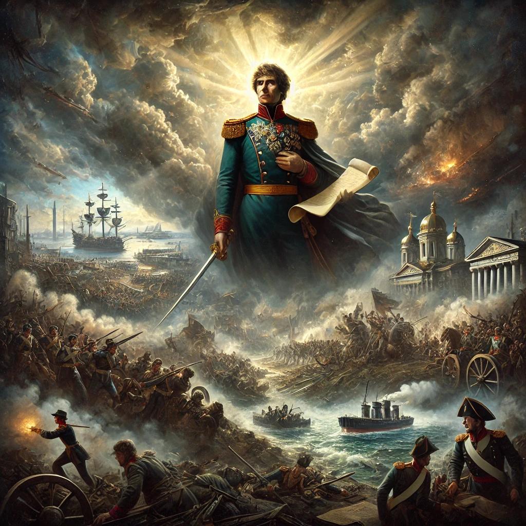 DALL·E 2025-09-29 14.05.09 - A dramatic and symbolic historical painting with no text at all, showing that reforms under Tsar Peter the Great came through war. In the center, Pete.webp