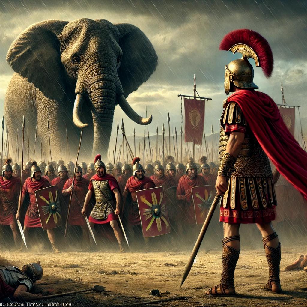 DALL·E 2025-10-08 13.48.10 - A powerful historical illustration of Hannibal Barca confronting the Roman army during the Second Punic War. The scene shows Hannibal standing on a ba.webp