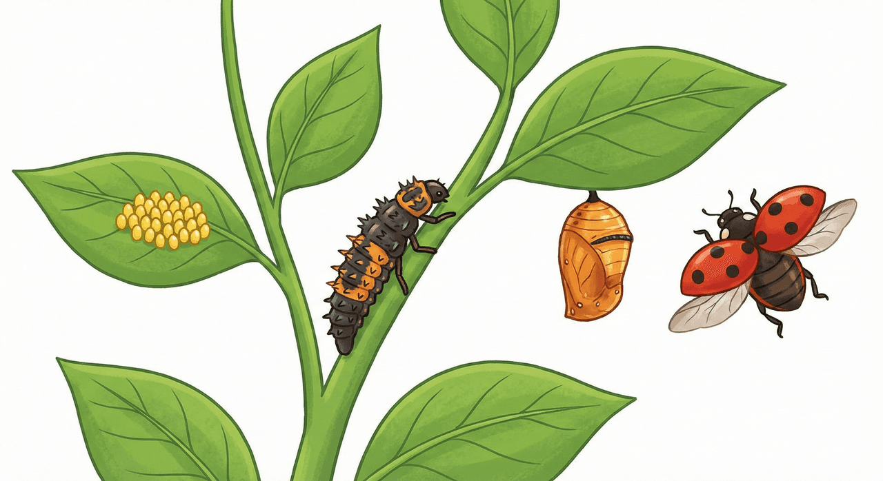 Bir bitkinin farklı dalları üzerinde uğur böceğinin yaşam evrelerini gösteren çizgi film illüstrasyonu.