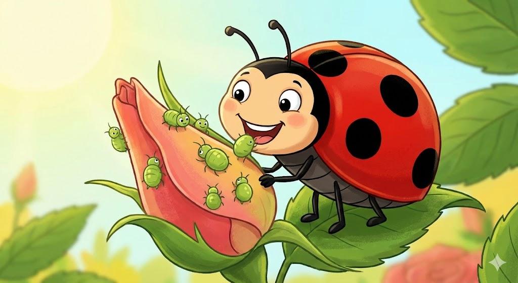 Bir gül tomurcunun üzerindeki çok küçük, yeşil renkli yaprak bitlerini neşeyle yiyen mutlu bir çizgi film uğur böceği.