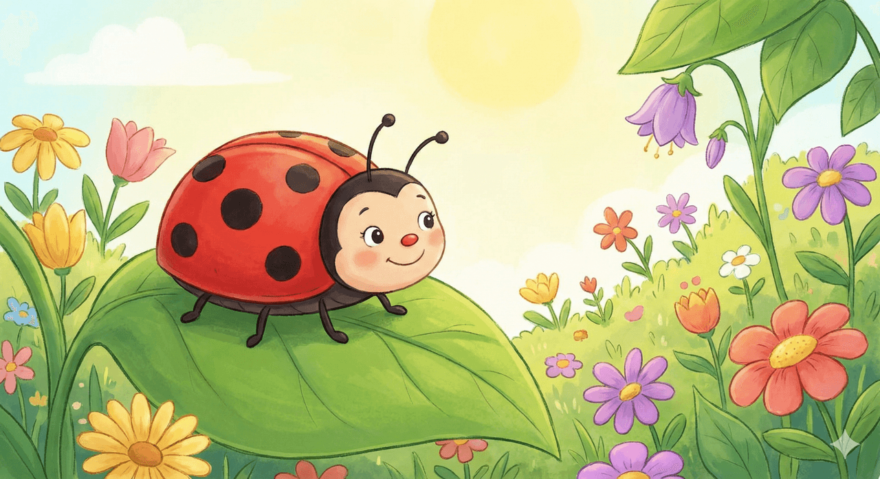 Kocaman yemyeşil bir yaprağın üzerinde duran, kırmızı kabuklu ve parlak siyah benekli, gülümseyen sevimli bir çizgi film uğur böceği.