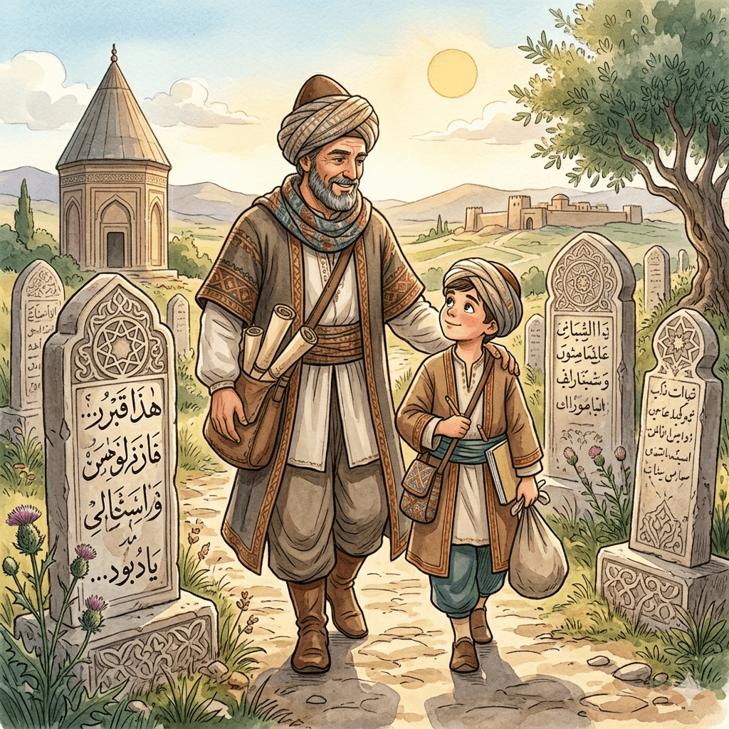 Eski Anadolu Türkçesi döneminde Osmanlı Türkçesi yazı dilinin görüldüğü kabir taşları (Görsel yapay zekâ ile oluşturulmuştur).