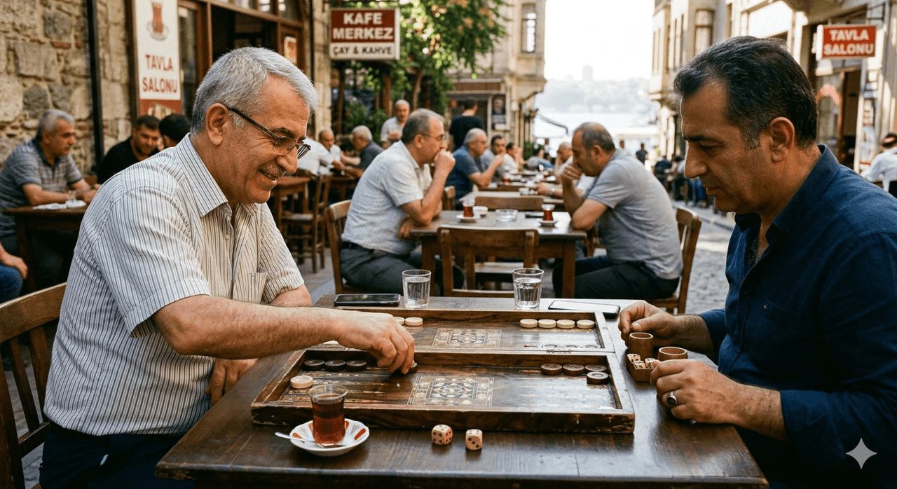 İki oyuncunun karşılıklı tavla oynaması.