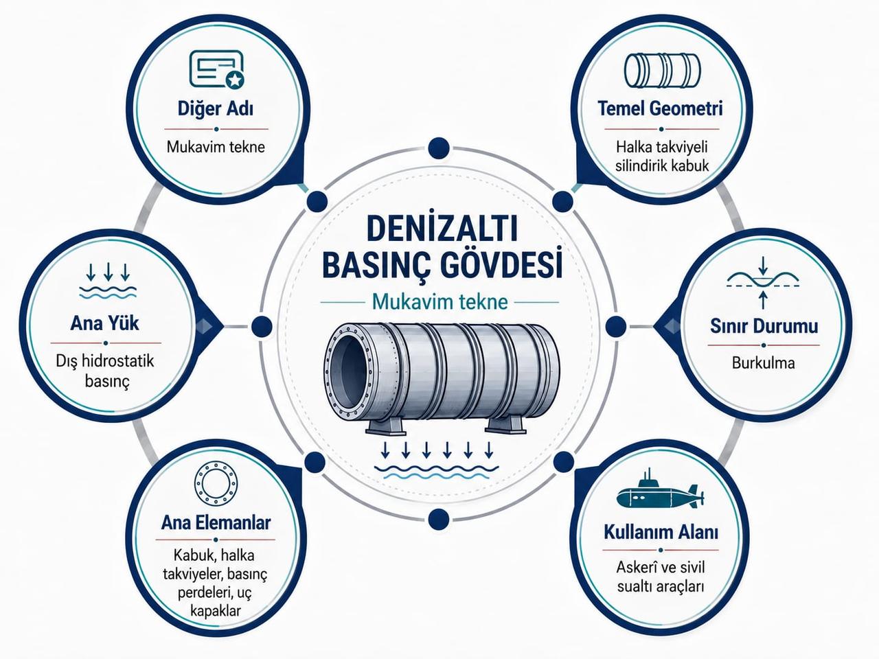 Tanım Denizaltı basınç gövdesi, dalış sırasında oluşan hidrostatik basınca karşı iç yaşam ve çalışma hacmini koruyan ana taşıyıcı yapıdır. Yapısal Mimari Basınç gövdesi, dış kabuktan farklı olarak hidrostatik basıncı taşır. Halka takviyeli silindirik yapı, dönel simetrik uç kapaklarla birlikte kullanılır. Tasarım İlkeleri Tasarımda dış basınç altında burkulma kararlılığı, gövde çapı, cidar kalınlığı, halka takviye aralığı ve geometrik kusurlar temel belirleyicilerdir. Göçme Davranışı ve Doğrulama Başlıca göçme biçimleri; takviyeler arası asimetrik burkulma, simetrik burkulma, genel kararsızlık ve çerçeve devrilmesidir. Tasarım analitik yöntemler, klas kuralları ve sonlu elemanlar yöntemiyle doğrulanır. Malzeme Basınç gövdelerinde yüksek dayanımlı HY sınıfı çelikler başta olmak üzere titanyum alaşımları ve bazı özel uygulamalarda kompozit malzemeler kullanılabilir. Üretim Sac şekillendirme, kaynak işlemleri, halka takviyelerin montajı ve geometrik toleransların kontrolü yapısal güvenliği doğrudan etkiler. Özellikle yuvarlaklıktan sapmalar göçme dayanımını azaltabilir. Türkiye’deki Önemi Yeni Tip Denizaltı Projesi ve MİLDEN kapsamında basınç gövdesi tasarım ve üretim yetkinliklerinin geliştirilmesi, dışa bağımlılığın azaltılması ve Türkiye’nin Mavi Vatan’daki sualtı savunma kapasitesinin güçlendirilmesi açısından stratejik önem taşır.