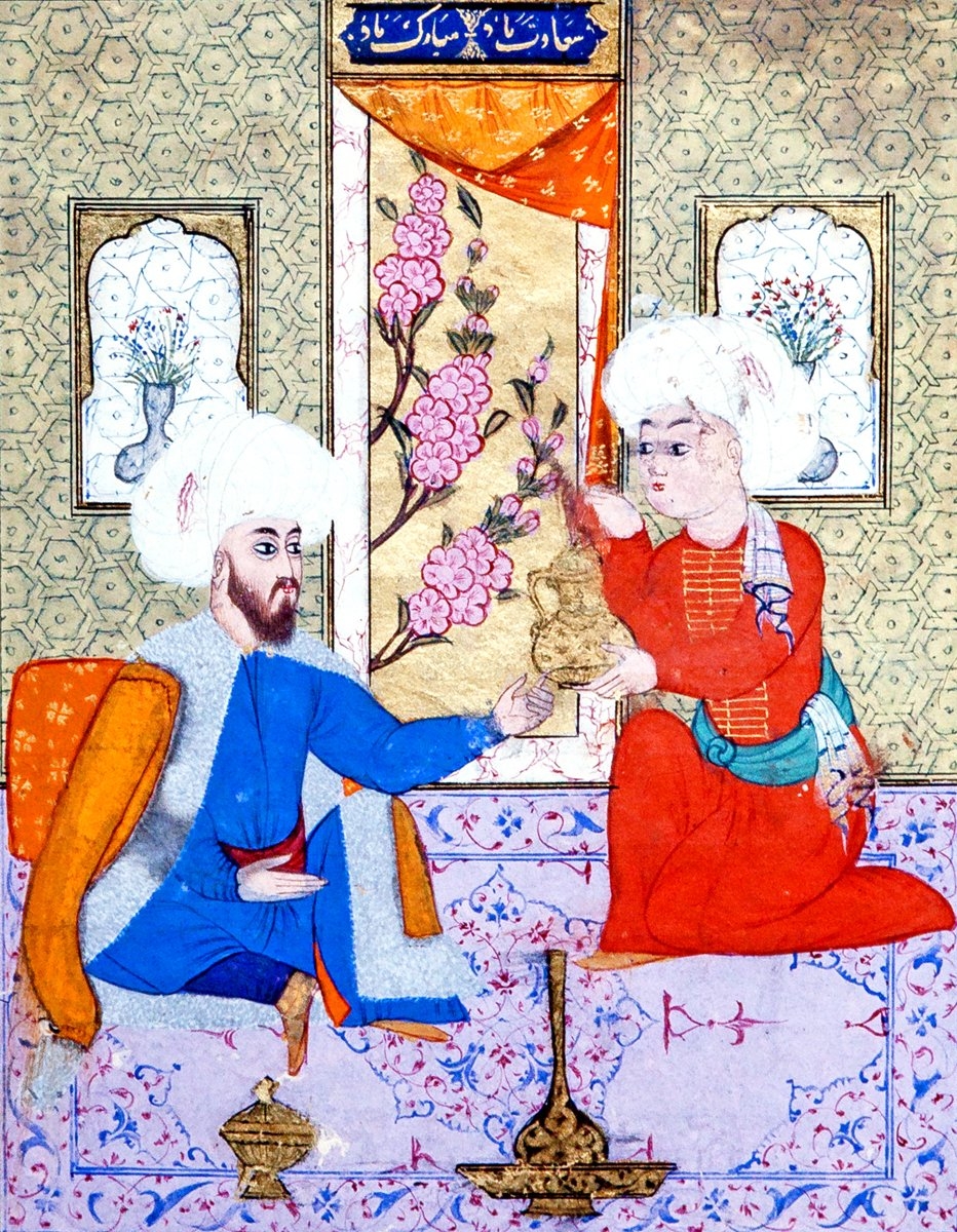 Divan şairlerinden Aşkî’nin meclisini tasvir eden bir minyatür (Âşık Çelebi, Tezkire, Millet Ktp., Ali Emîrî, Tarih, nr. 772, vr. 474a)