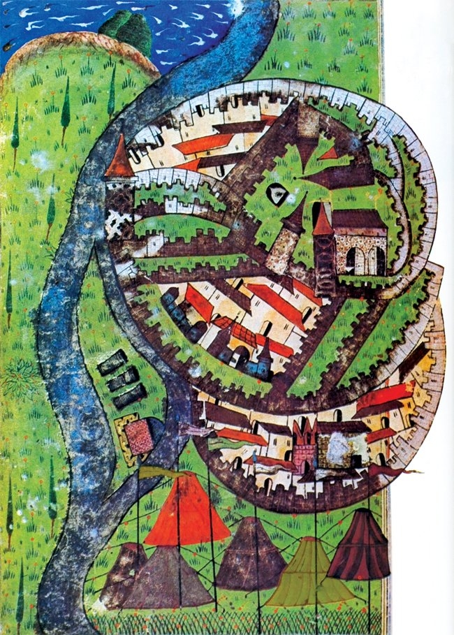 Estergon Kalesi’ni tasvir eden XVI. yüzyıl ortalarına ait bir minyatür (Matrakçı Nasuh, Süleymannâme, TSMK, Hazine, nr. 1608, vr. 90b)