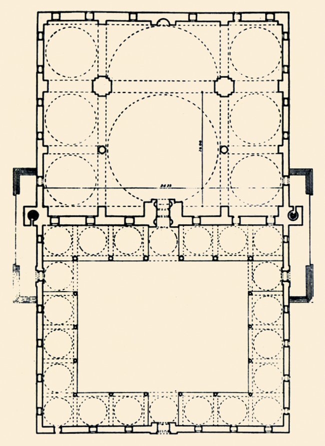 Yarım kubbenin ilk defa büyük ölçüde ele alındığı İstanbul Eski Fâtih Camii’nin planı