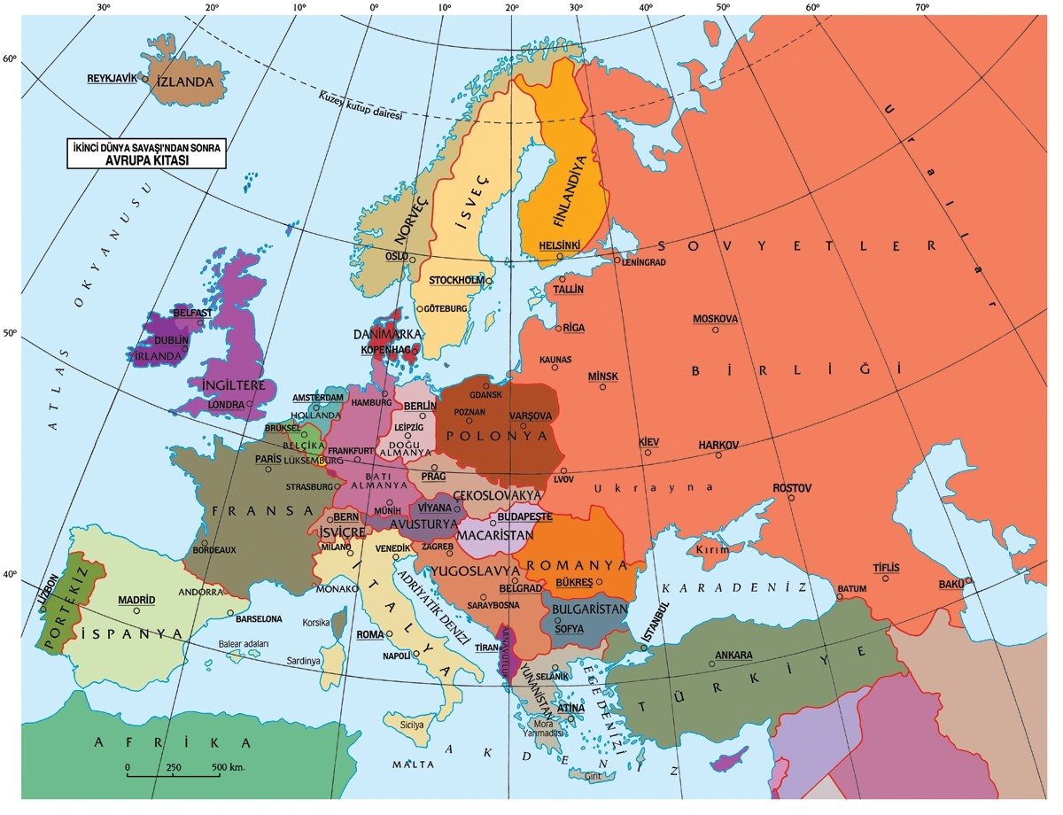 İkinci Dünya Savaşı’ndan sonraAvrupa kıtasını gösteren harita
