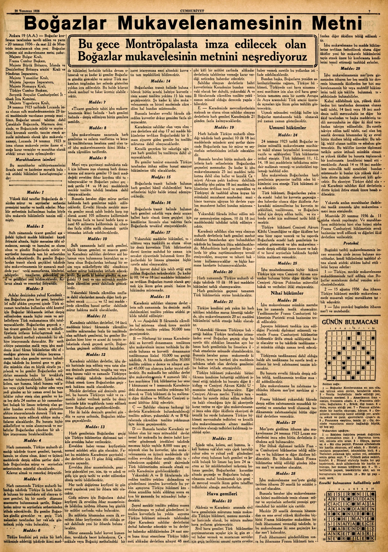 Montrö Boğazlar Sözleşmesi’nin,imzalandığı gün bir gazetede yayımlanmış metni(Cumhuriyet, 20 Temmuz 1936)
