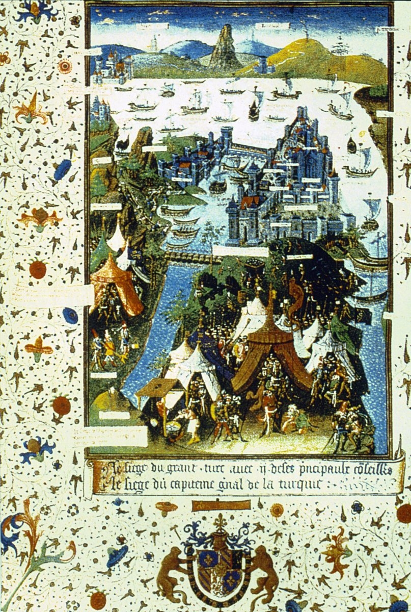 Bertrandon de la Broquière’in seyahatnâmesinde İstanbul’un Türkler tarafından kuşatılmasını tasvir eden minyatür (Le Voyage d’outremer, Bibliothèque Nationale, Ms, nr. 9087)