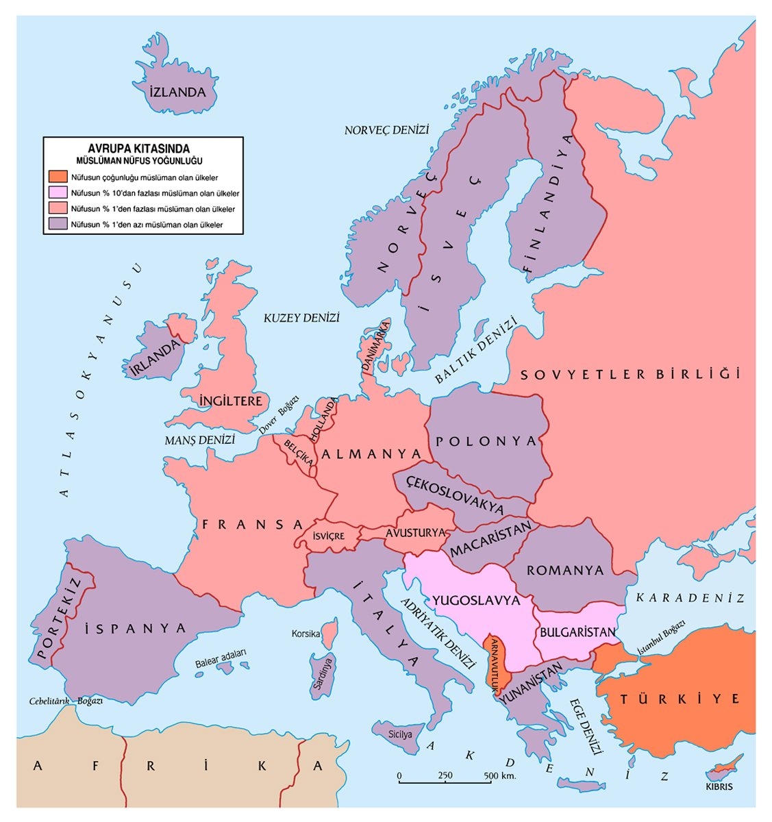 Avrupa kıtasında müslüman nüfus yoğunluğunu gösteren harita
