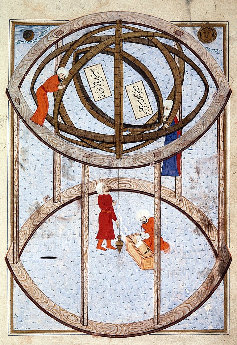 Astronomların XVI. yüzyılda Galata Rasathânesi’nde küreler üzerindeki çalışmalarını gösteren bir minyatür (İÜ Ktp., FY, nr. 1404, vr. 56b)
