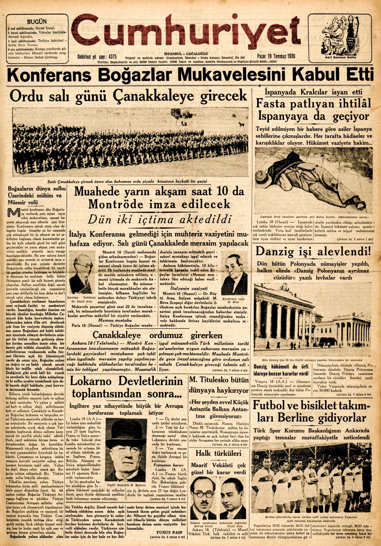 Montrö Boğazlar Sözleşmesi’ninimzalanacağına dair bir gazete haberi(Cumhuriyet, 19 Temmuz 1936)
