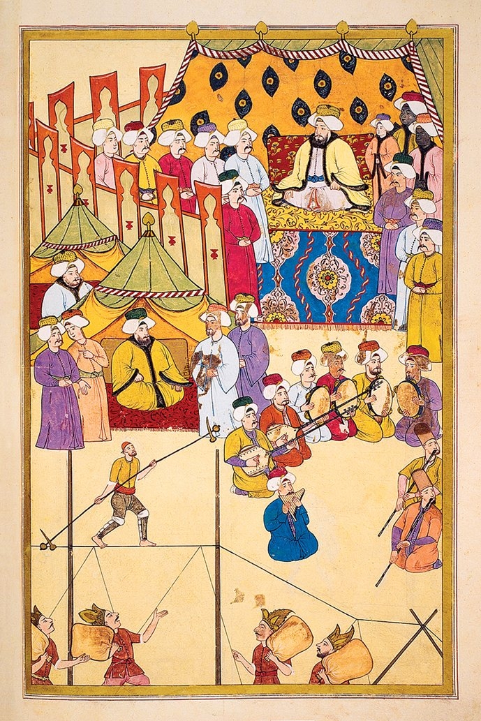 Levnî’nin Surnâme’sinde 1720 şenliklerinde sâzendelerin gösterisini tasvir eden minyatür (TSMK, III. Ahmed, nr. 3593, vr. 115b)