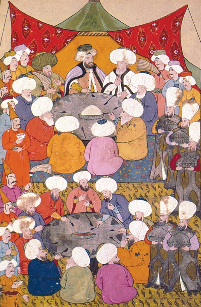 1132 (1720) yılı şenliklerinde verilen ziyafetitasvir eden bir minyatür (Surnâme-i Vehbî, TSMK, III. Ahmed, nr. 3595, vr. 49b)
