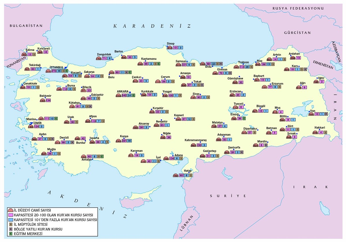 Türkiye Diyanet İşleri Başkanlığı hizmet binalarının dağılımını gösteren harita (1993)