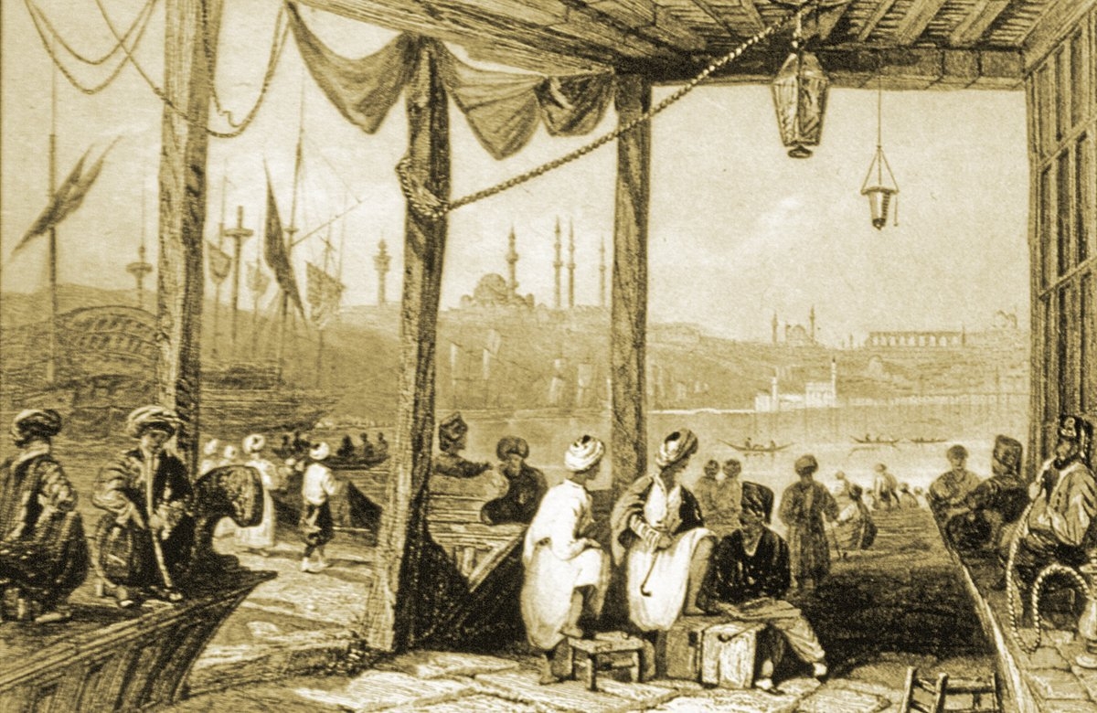 Haliç kıyısındaki bir kahvehaneyi tasvir eden gravür (J. Pardoe, The Beauties of the Bosphorus,London 1839, s. 146)