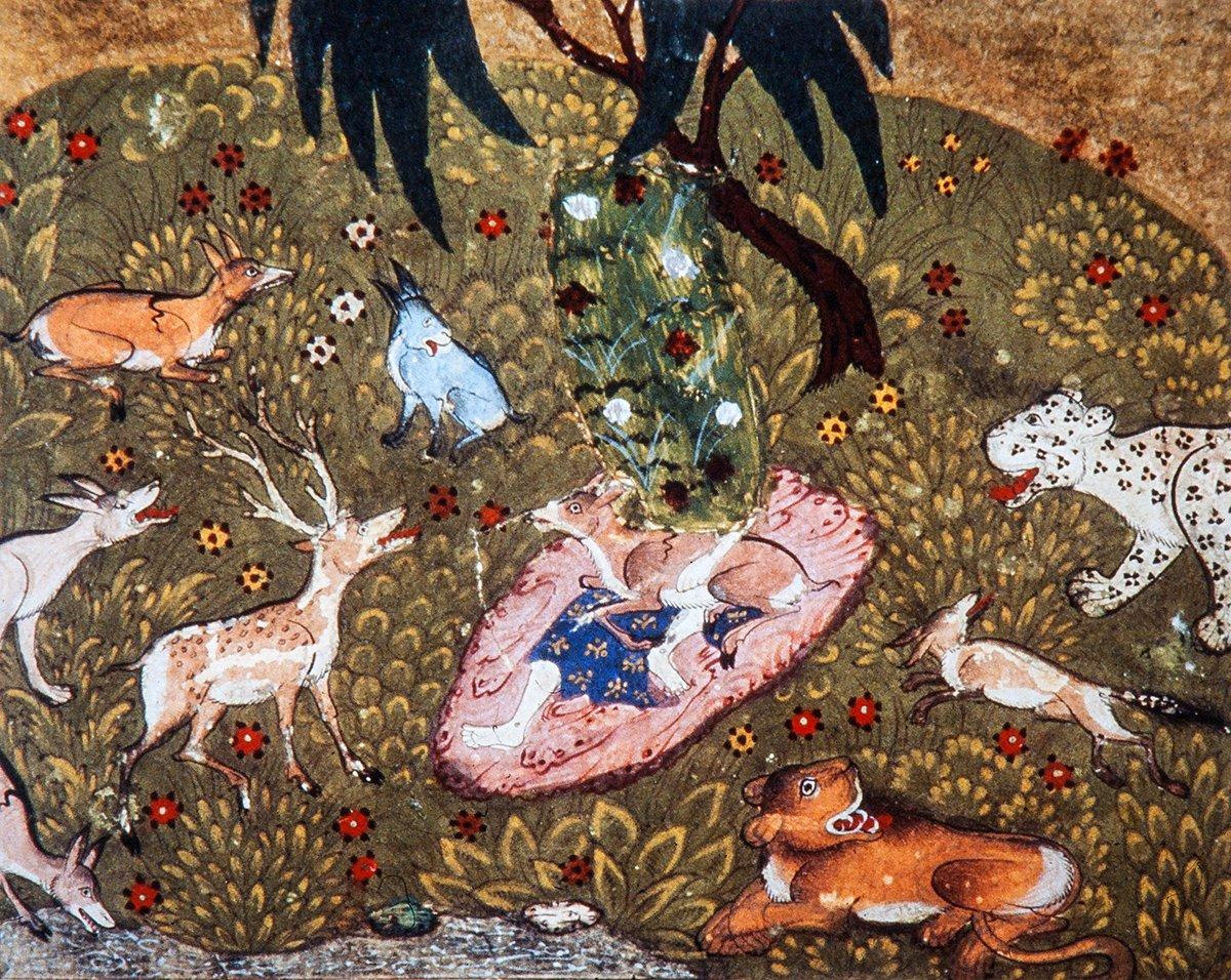 Kays’ın Mecnûn diye anılmaya başlayıp çölde vahşilerle ünsiyet kurmasının tasviri (Londra British Library, Or., nr. 405)