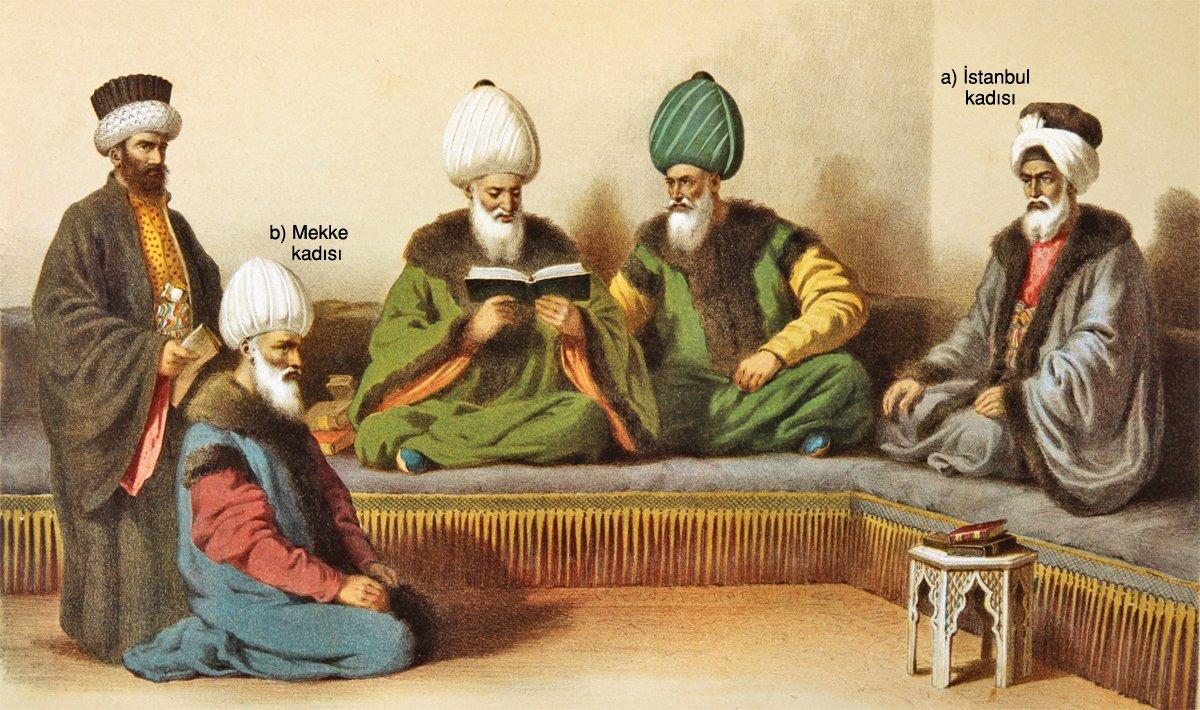 Temsilî bir resimde a) İstanbul kadısı, b) Mekke kadısı (Ârif Mehmed Paşa, Mecmûa-i Tesâvir-i Osmâniyye, İstanbul 1279)