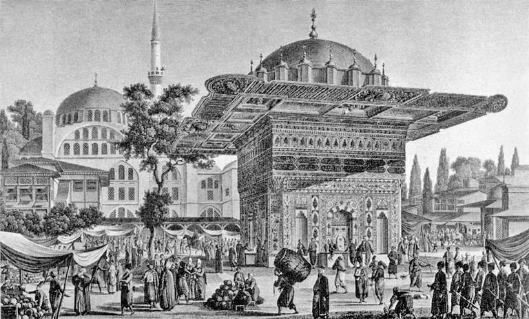 Tophane semtinde cami ve meydan çeşmesi etrafında kurulmuş pazar yeri ve dükkânların tasvir edildiği gravür (Antoine-Ignace Melling, Voyage Pittoresque de Constantinople, Paris 1819, lv. 22)