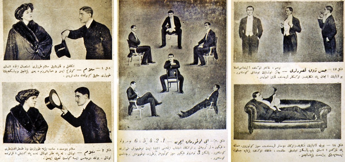 Batı âdâb-ı muâşeretinin aynen benimsenmesini sağlamak maksadıyla yayımlanan kitapların en önemlilerinden biri olan Abdullah Cevdet’in Mükemmel ve Resimli Âdâb-ı Muâşeret Rehberi adlı eserinden bazı sayfalar (İstanbul 1927)