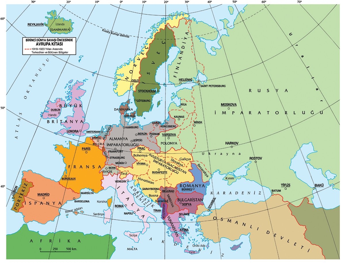 Birinci Dünya Savaşı öncesindeAvrupa kıtasını gösteren harita