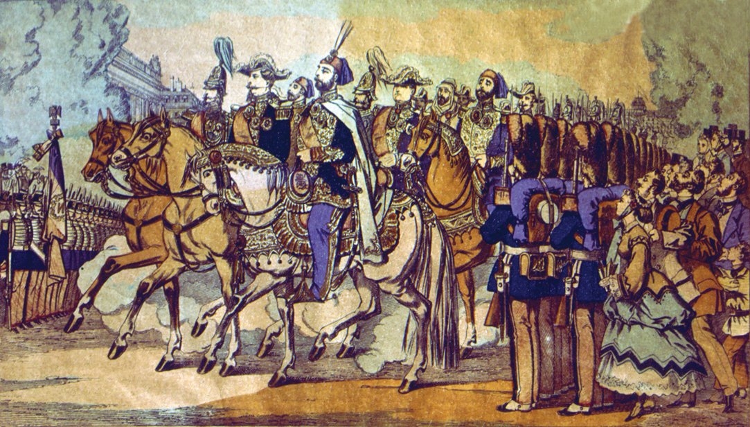 Sultan Abdülaziz’i 1867 Avrupa seyahatinde Paris’te III. Napolyon ile beraber tasvir eden bir tablo (İstanbul Deniz Müzesi)