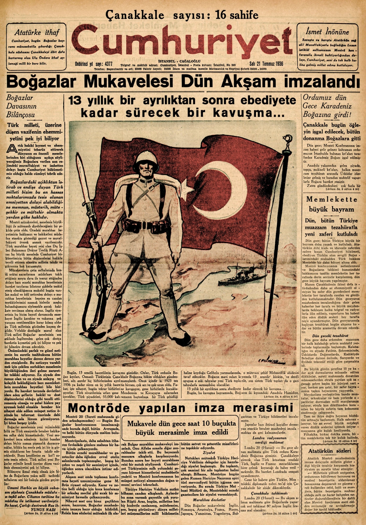 Montrö Boğazlar Sözleşmesi’ninimzalandığına dair bir gazete haberi(Cumhuriyet, 21 Temmuz 1936)