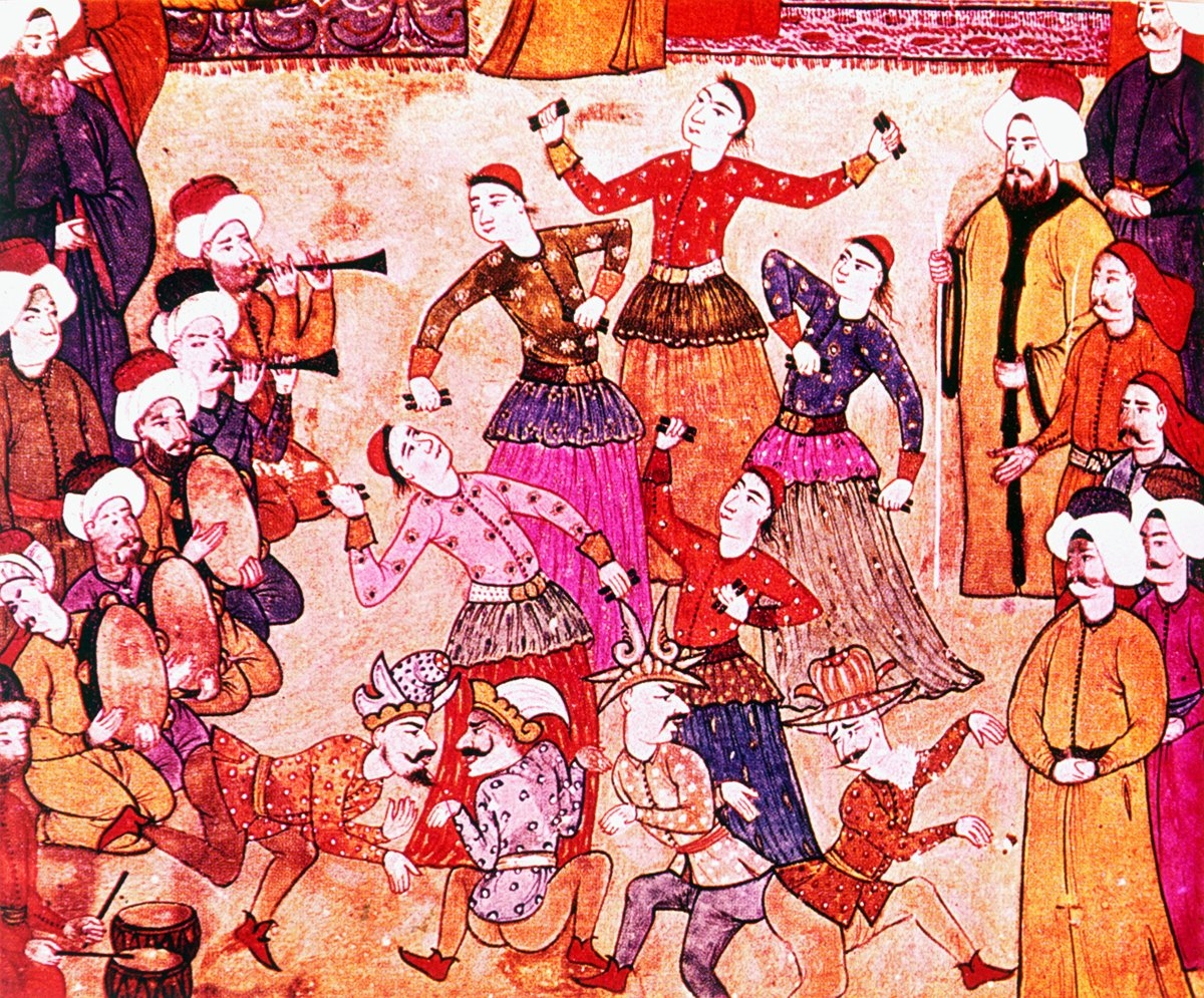 III. Ahmed’in şehzadelerinin sünnet düğününde çalgıcı, köçek ve curcunabazları tasvir eden minyatür (Vehbî, Surnâme, TSMK, III. Ahmed, nr. 3593, vr. 54b’den detay)