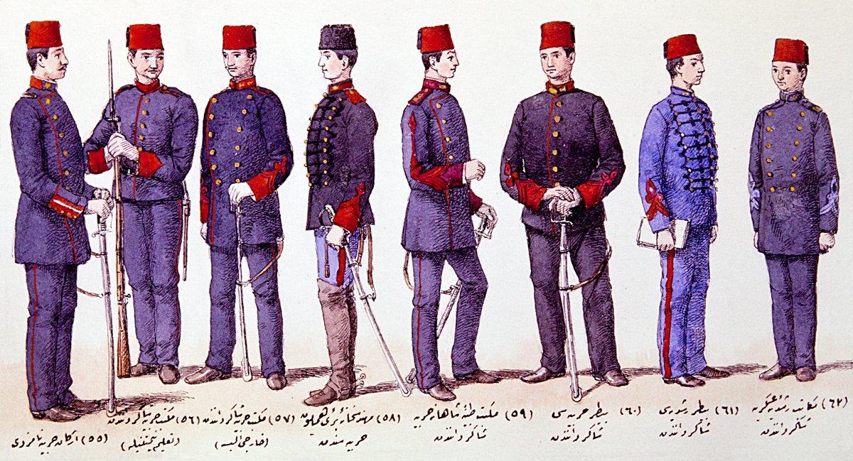 II. Abdülhamid döneminde Harbiyeli kıyafetlerini gösteren bir resim (M. Şevket Paşa, Osmanlı Teşkilât ve Kıyâfet-i Askeriyyesi, İÜ Ktp., TY, nr. 9393)