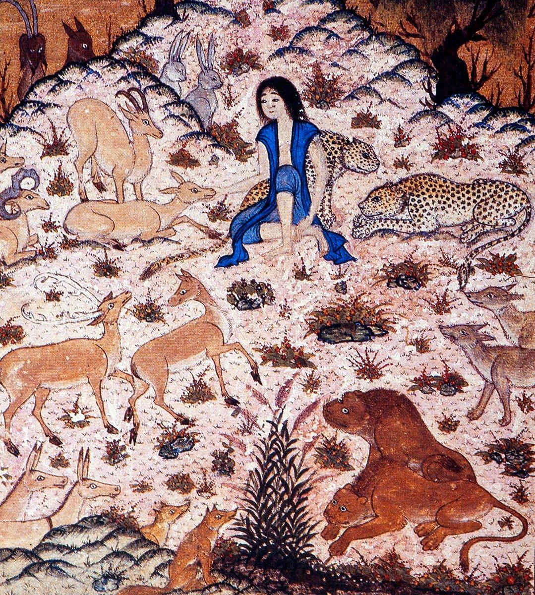 Mecnûn’u çölde hayvanlarla tasvir eden bir minyatür (Nizâmî, Ḫamse, TSMK, Hazine, nr. 786, vr. 126b)