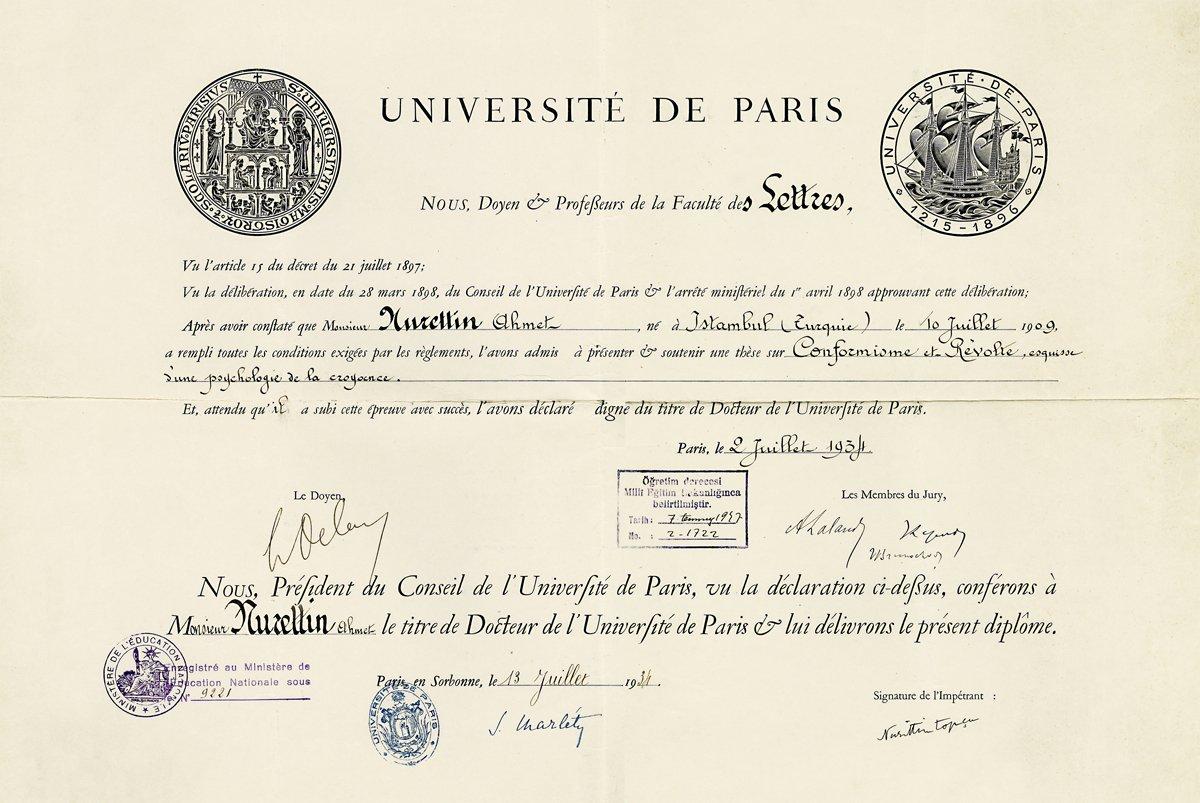 Nurettin Topçu’nun Paris (Sorbonne) Üniversitesi’nden aldığı (2 Temmuz 1934) doktora diploması (Dergâh Yayınları Arşivi)