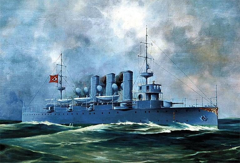 Hamidiye kruvazörünü tasvir eden yağlı boya tablo (İstanbul Deniz Müzesi, nr. 1560)