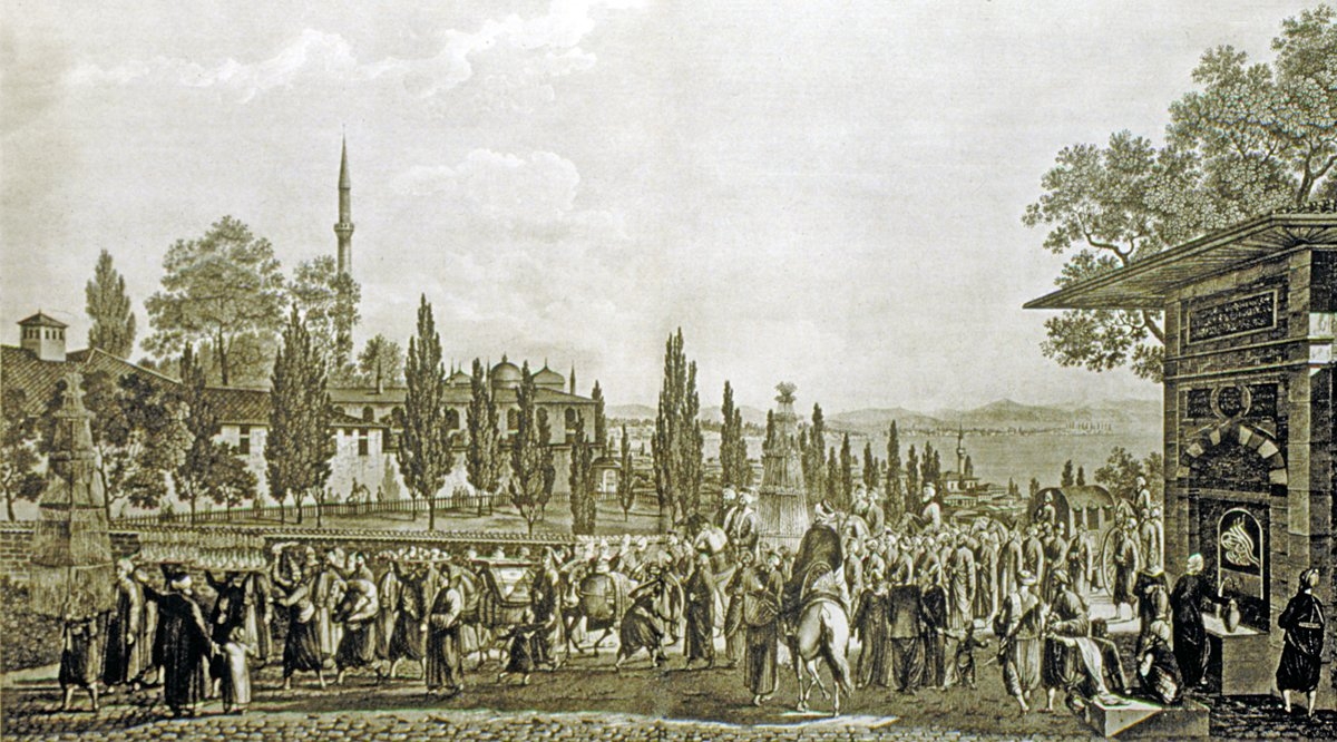 XIX. yüzyılın başlarında bir gelin alayının tasvir edildiği gravür (A. I. Melling, Voyage pittoresque de Constantinople, Paris 1819, lv. XIX)